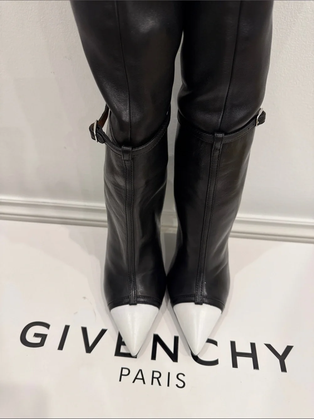 Givenchy Runway Black Lamb Leather Over The Knee Boots White Cap Toe 37